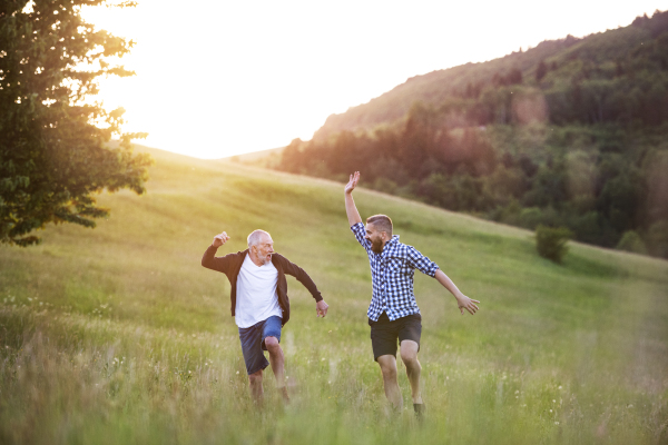 An adult hipster son with his senior father jumping on a meadow in nature at sunset.