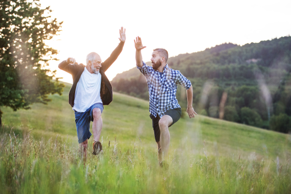 An adult hipster son with his senior father jumping on a meadow in nature at sunset.