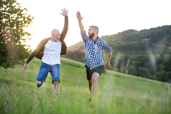 An adult hipster son with his senior father jumping on a meadow in nature at sunset.