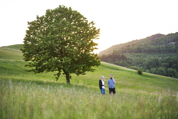 An adult hipster son with his senior father standing on a meadow in nature at sunset.