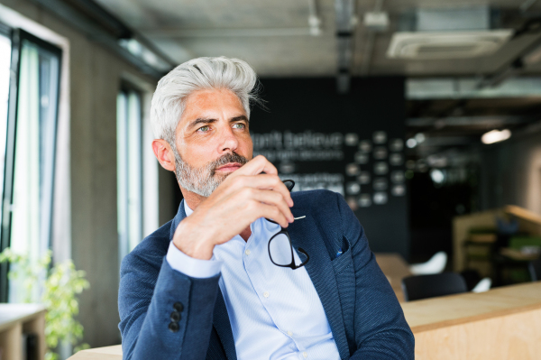 Mature businessman in blue suit sitting at desk in the office.