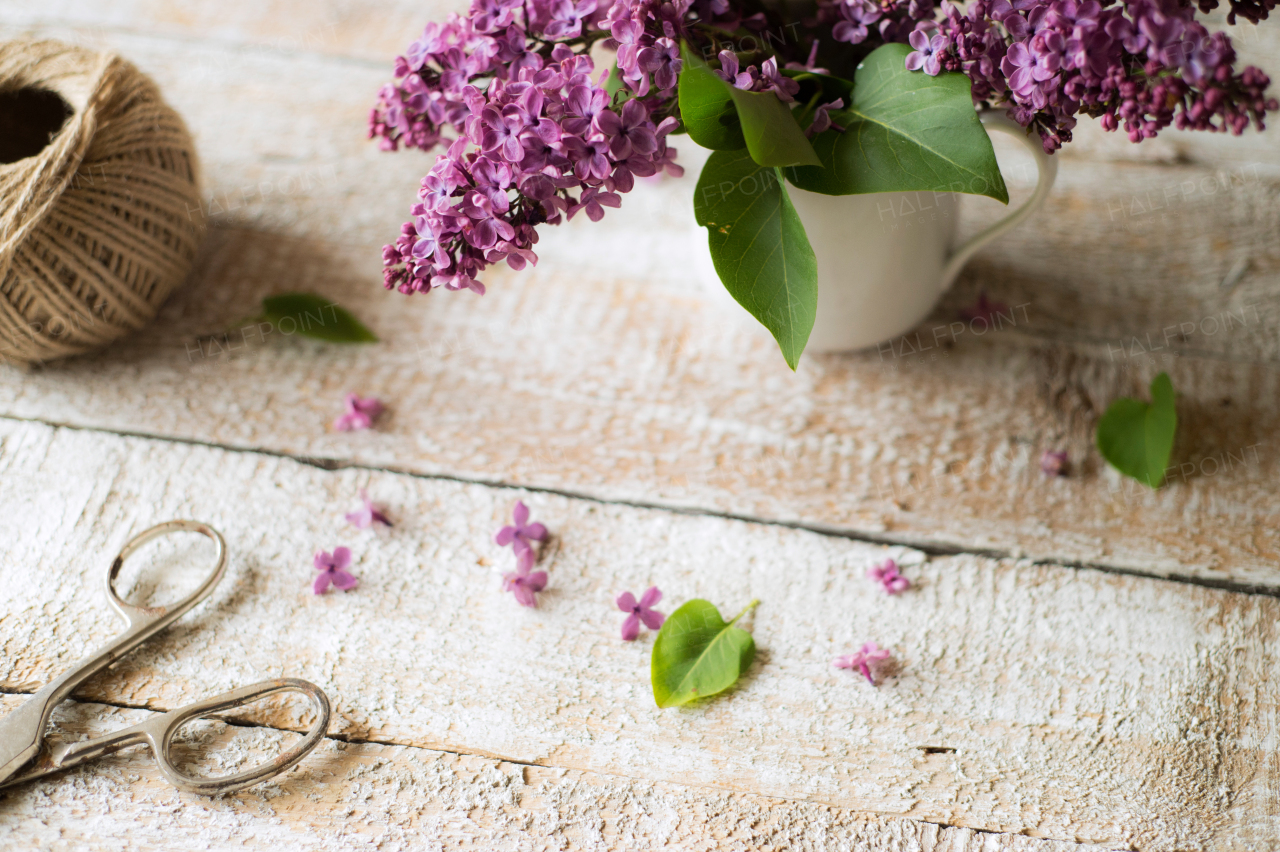 Beautiful lilac bouquet in vase laid on table. Studio shot on white wooden background.