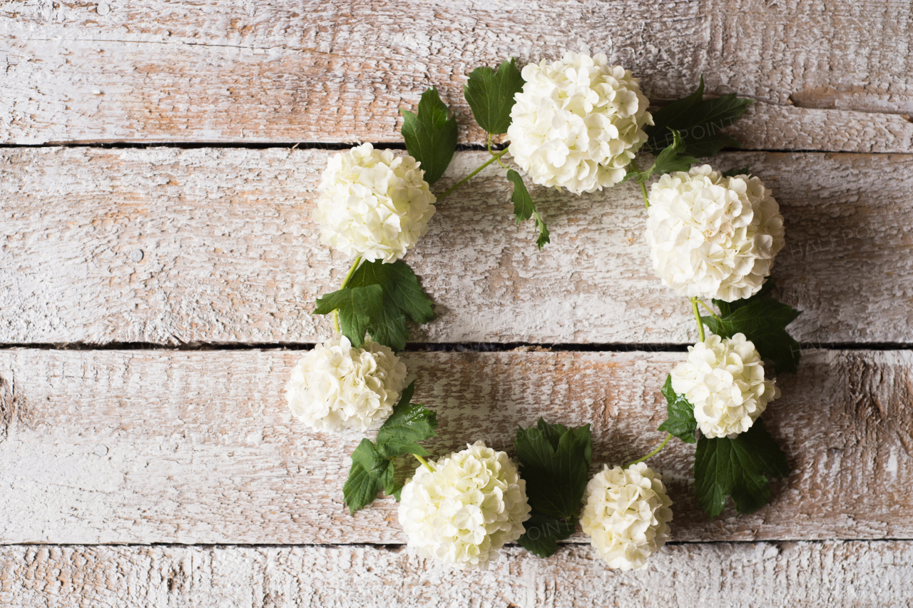 Beautiful lilac wreath laid on table, flowers and leaves. Studio shot on white wooden background. Copy space.