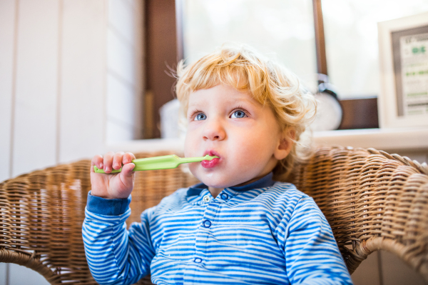 Cute toddler boy brushing his teeth in the bathroom, sitting on a wicker chair.