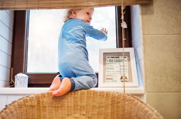 Little toddler boy opening a window. Domestic accident. Dangerous situation at home. Rear view.