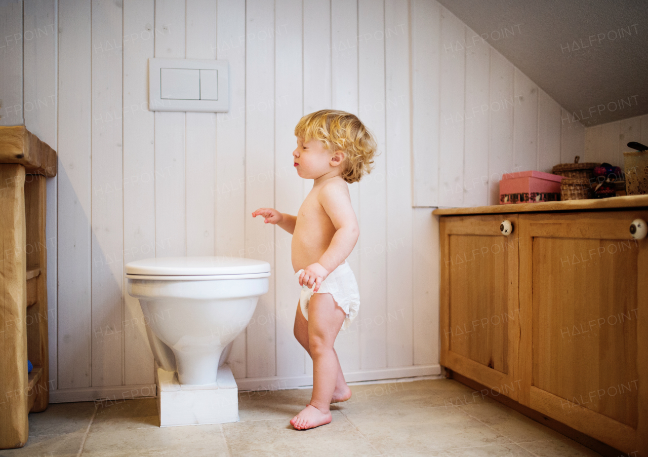 Cute toddler in the bathroom. Little boy standing by the toilet.