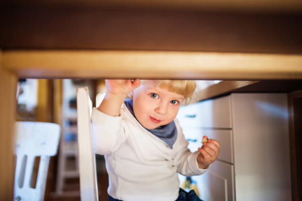 Cute toddler boy eating sweets under the table. Child safety concept.