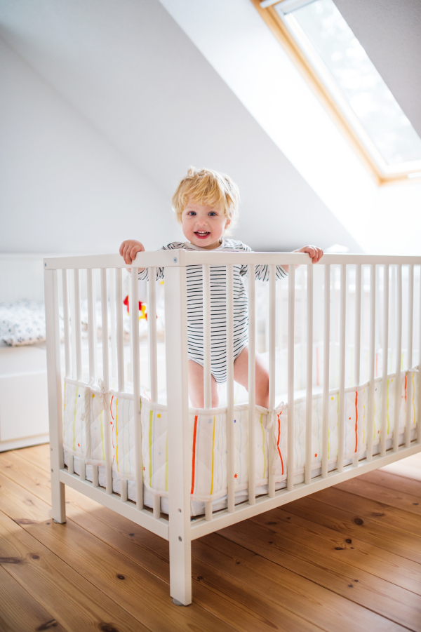 Cute happy toddler boy standing in a cot at home.