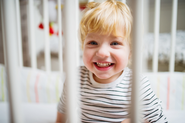 Cute toddler boy in a cot in the bedroom. Close up.