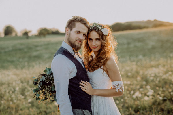 Beautiful young bride and groom outside in green nature at romantic sunset.