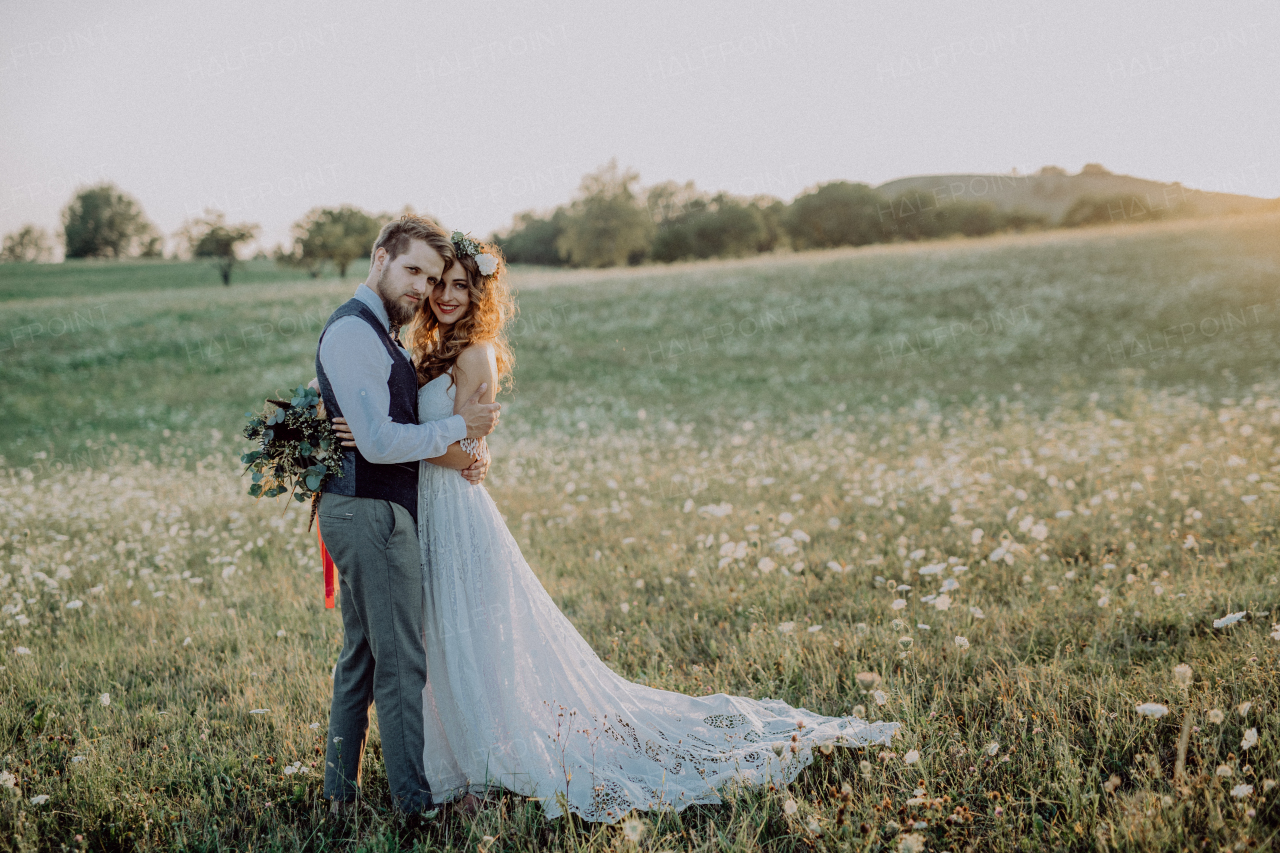 Beautiful young couple outside in green nature, hugging.