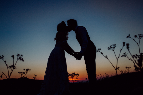 Silouethes of bride and groom holding hands and kissing on a meadow at night.