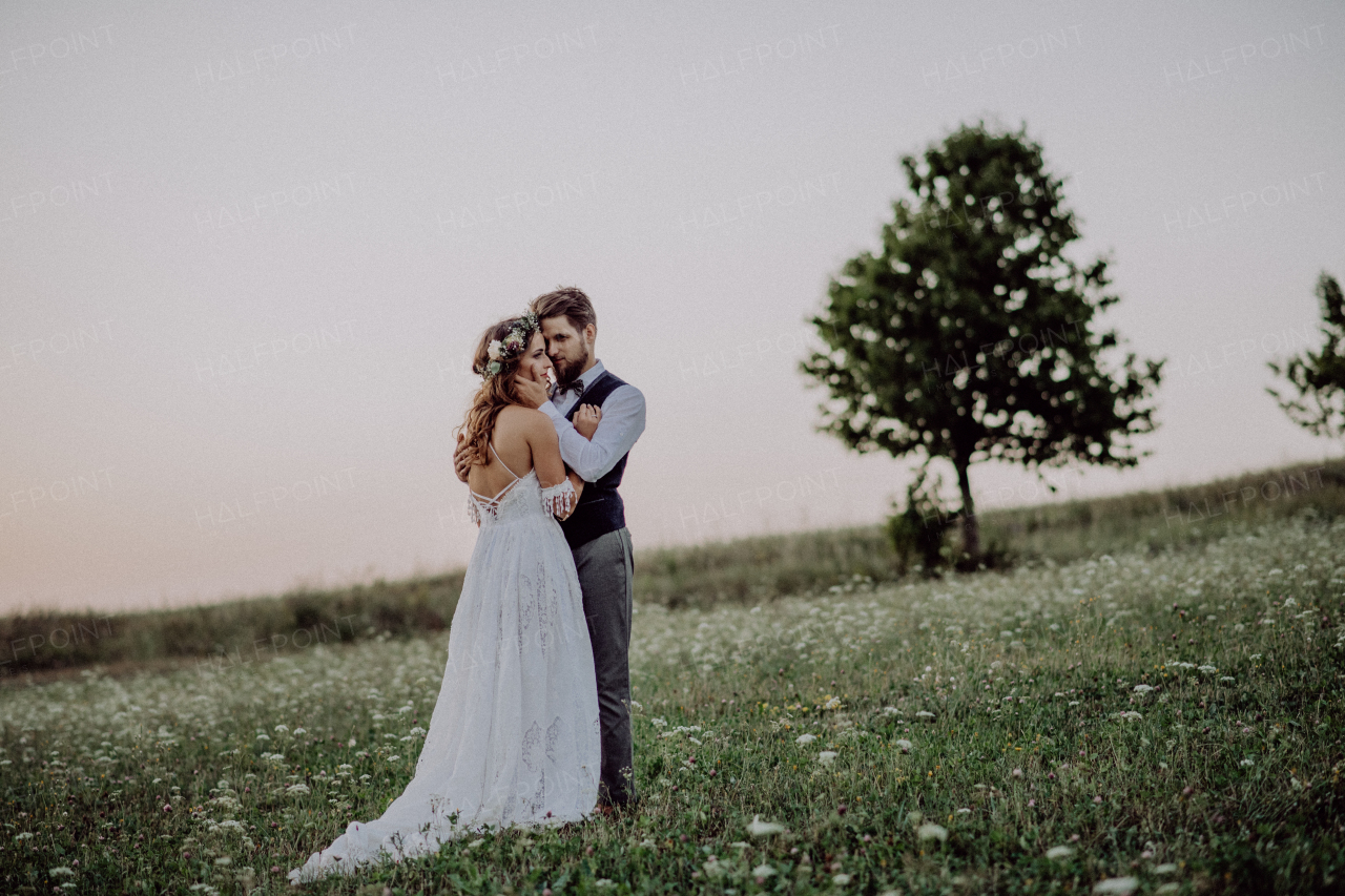 Young bride and groom outside in green nature at romantic sunset, hugging.