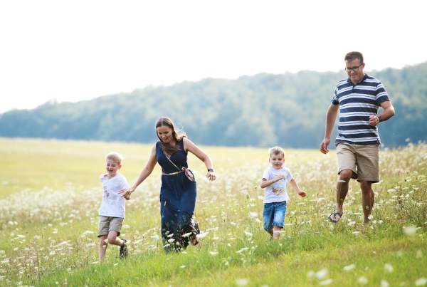 A young family with two small cheerful sons walking in nature on a summer day.