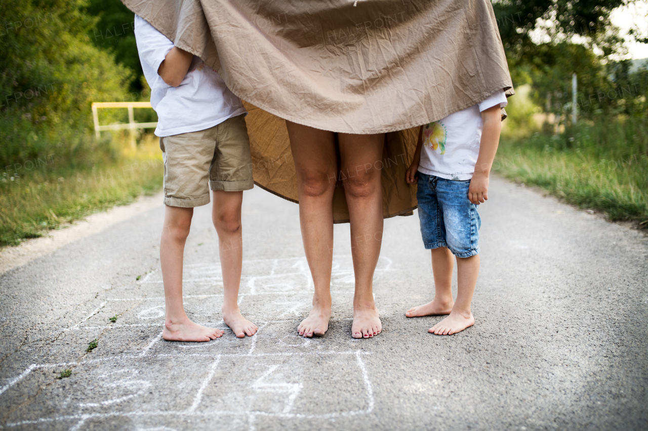 Two small sons playing with cheerful mother on a road in park on a summer day, hiding under her skirt. A midsection.