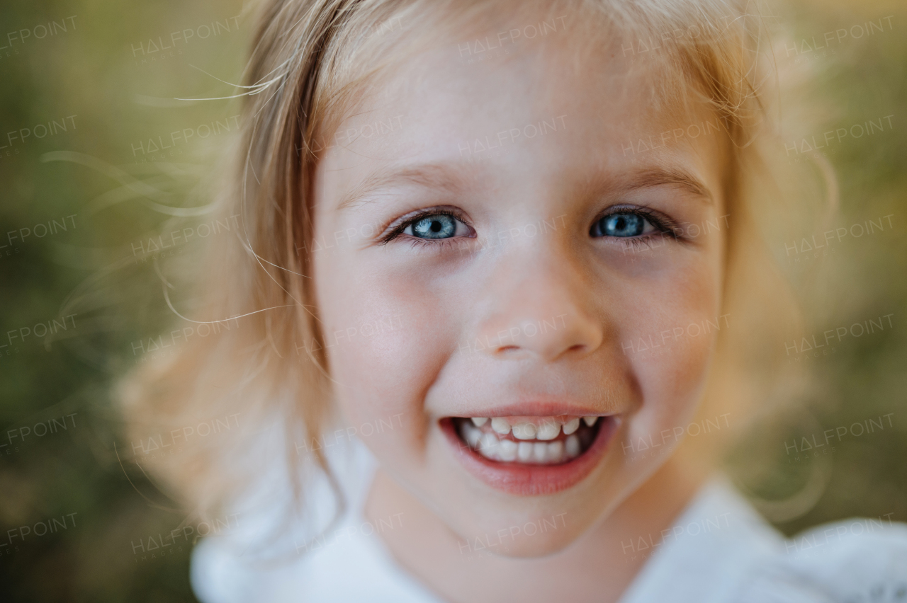 A close-up portrait of cute small girl in sunny summer nature.