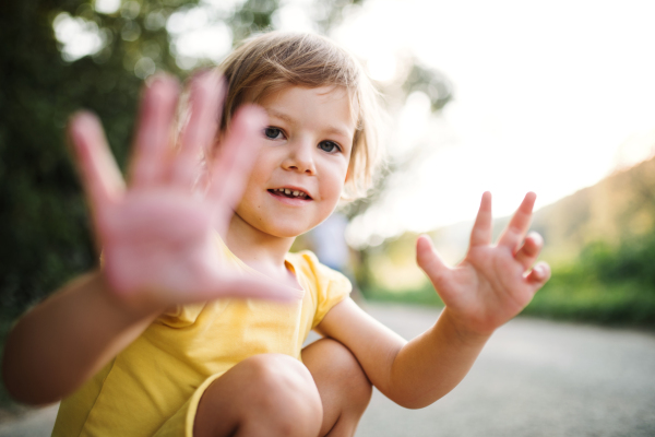 A small cute girl on a road in countryside in sunny summer nature. A close-up.