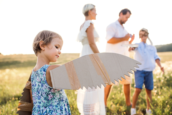 A young family with small children playing on a meadow in nature.