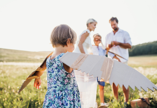 A young family with small children playing on a meadow in nature.