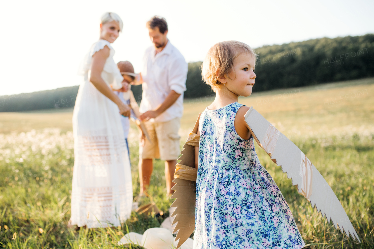 A young family with small children playing on a meadow in nature.