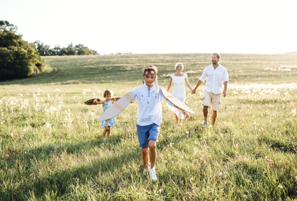 A young family with small children playing on a meadow in nature.