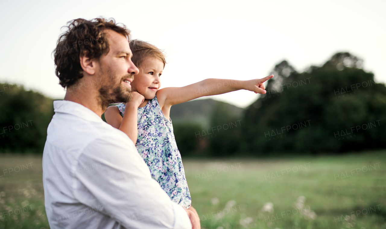 Handsome young father in green sunny summer nature holding his cute small daughter in the arms. Copy space.