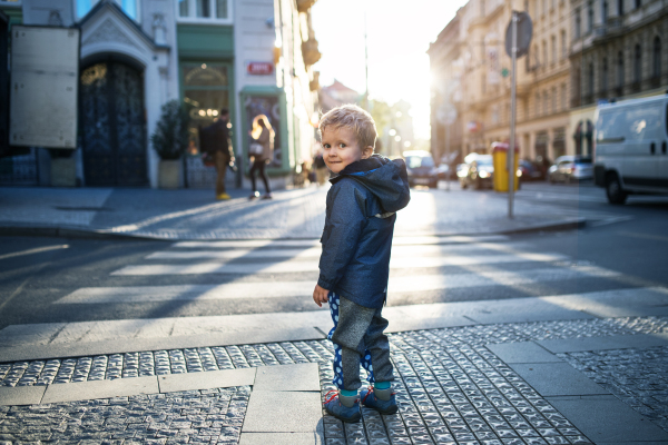 A cute small toddler boy standing by a road outdoors in city at sunset, looking back.