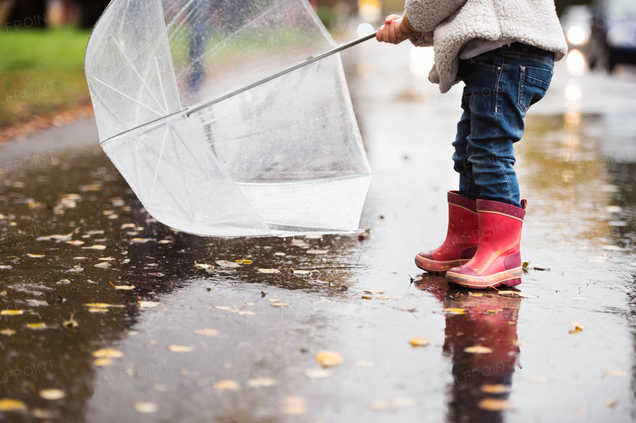 Legs of unrecognizable little girl with the transparent umbrella in town on a rainy day.