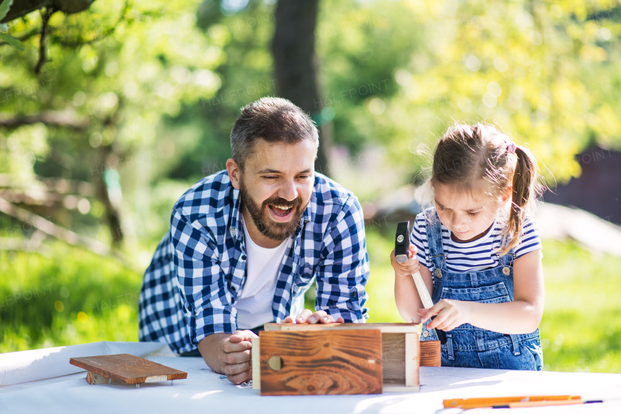 Father with a small daughter outside, making wooden birdhouse or bird feeder.