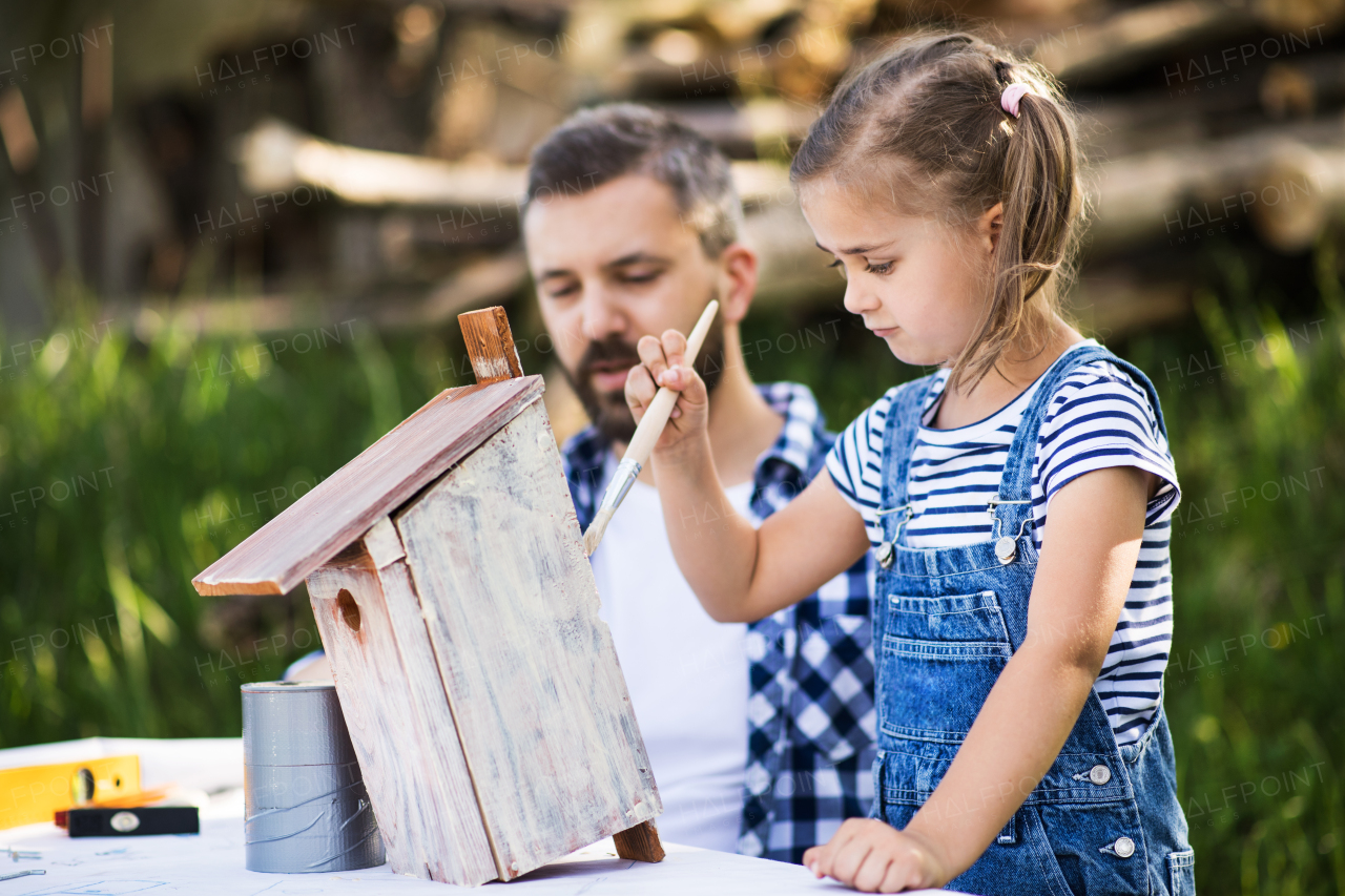 Mature father with a small daughter outside, painting. Wooden birdhouse or bird feeder making.