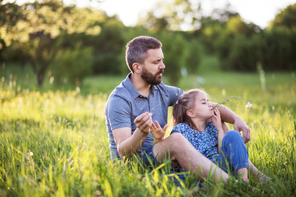 Father with a small daughter having fun in sunny spring nature, holding flowers in their mouth.