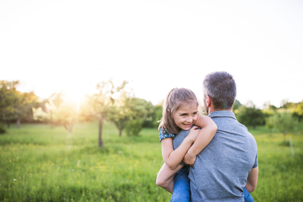 Unrecognizable father holding a small daughter in spring nature at sunset. Copy space.