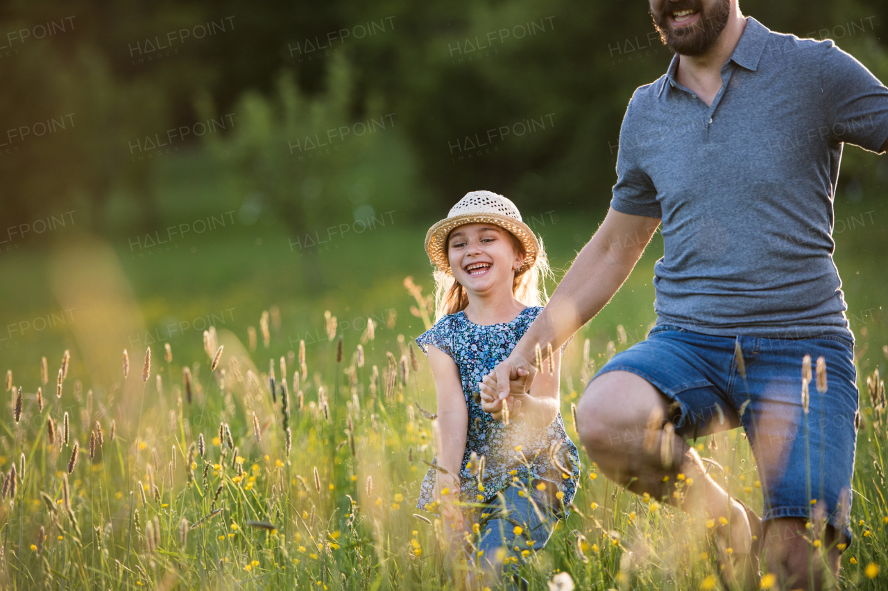 Unrecognizable father with a small daughter running in spring nature. Copy space.