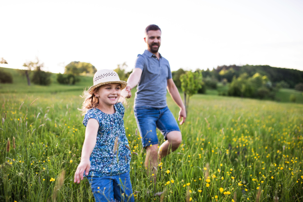 A handsome father with a small daughter running in spring nature.