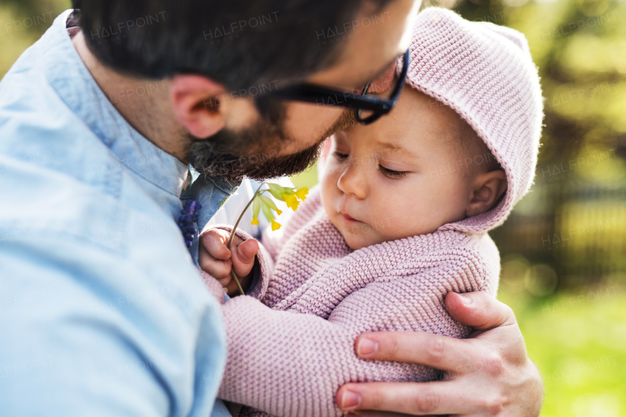 An unrecognizable father with his toddler daughter outside in green sunny spring nature, kissing.