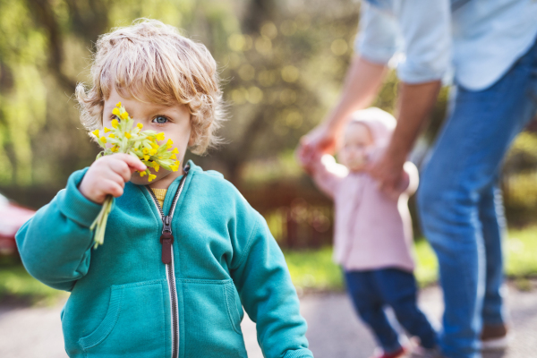 An unrecognizable father with his two toddler children outside on a sunny spring walk.