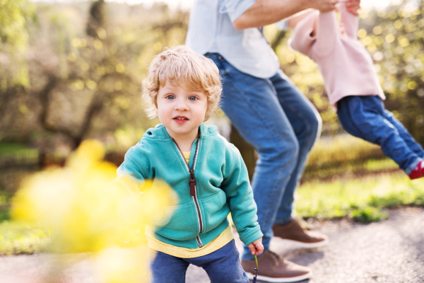 An unrecognizable father with his toddler children outside on a sunny spring walk, having fun.