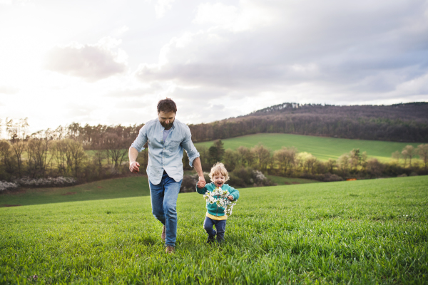 A father with his toddler son running outside in green sunny spring nature, holding hands.