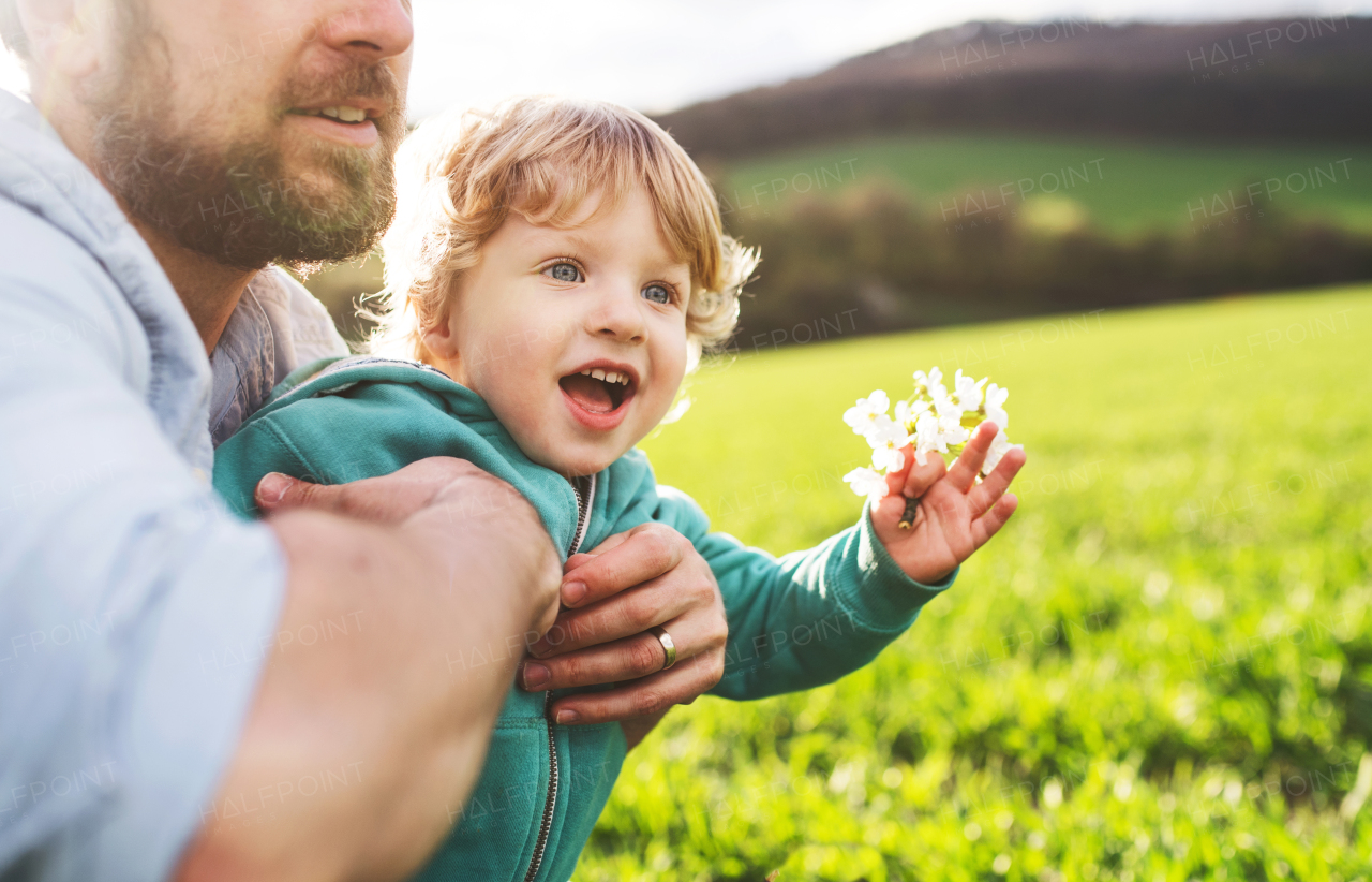 Unrecognizable father with his toddler son outside in green sunny spring nature.