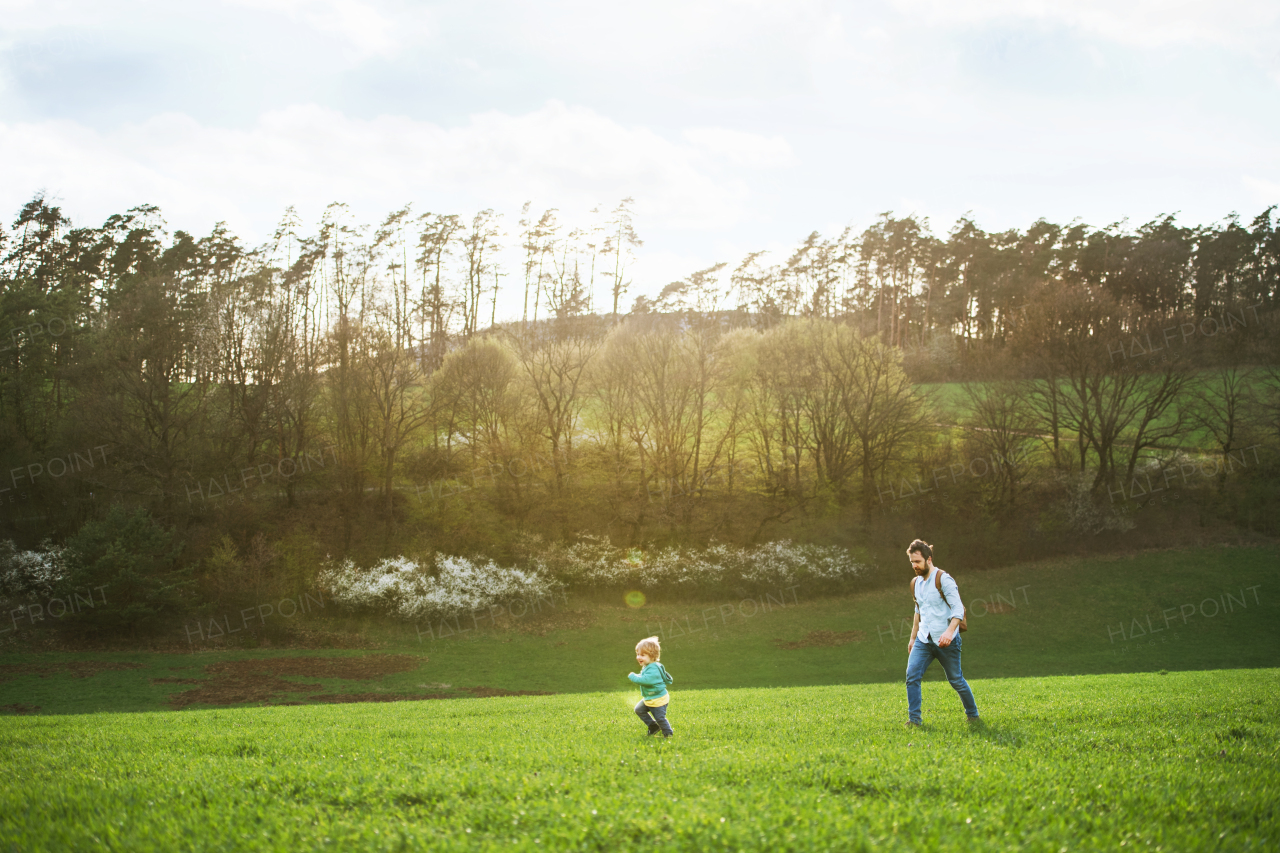 A father with his toddler son on a walk outside in green sunny spring nature.