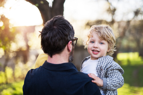 A father holding his toddler son outside in spring nature. Rear view.