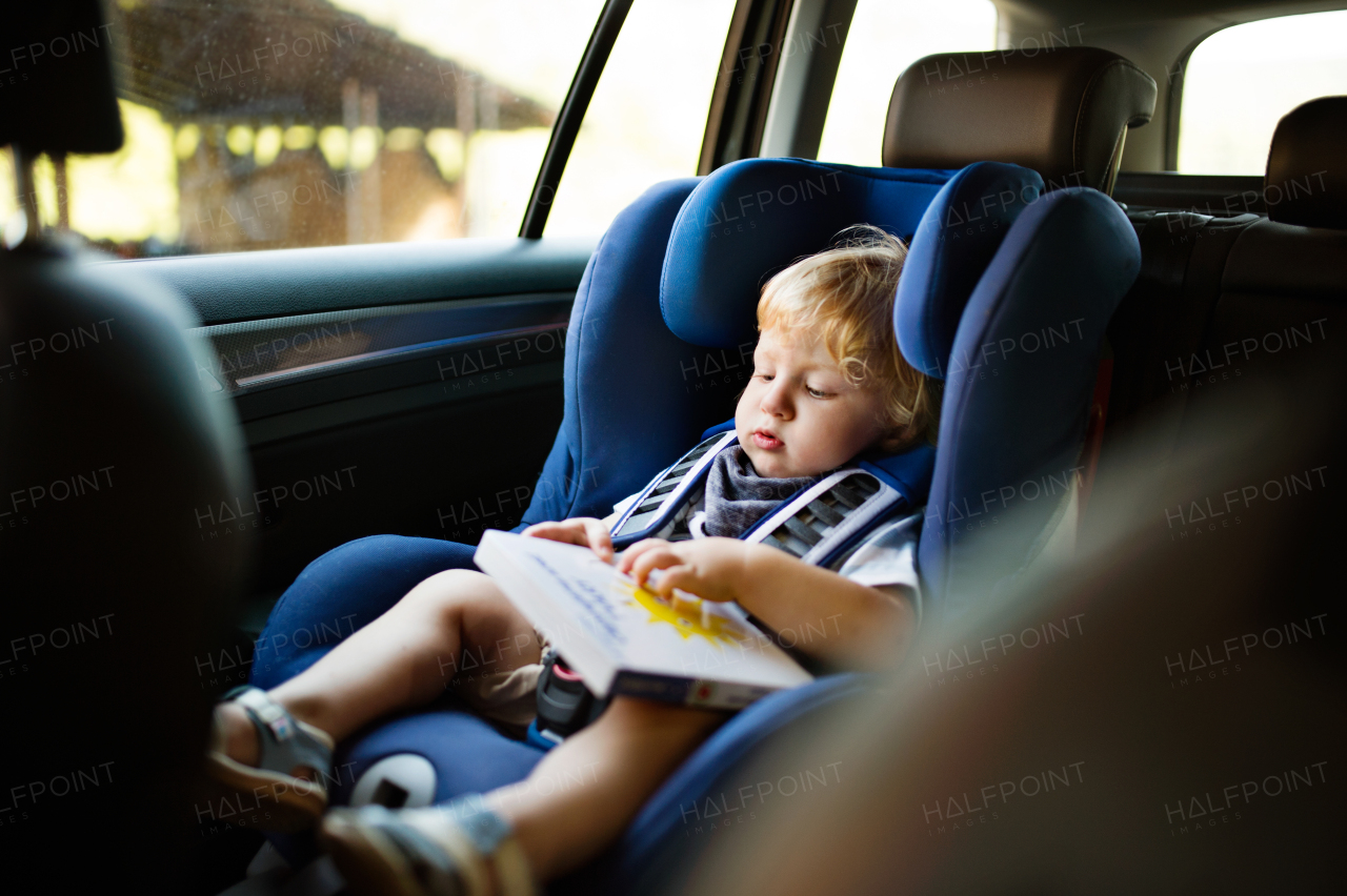 Cute little boy sitting in the car seat in the car. Toddler holding a book.