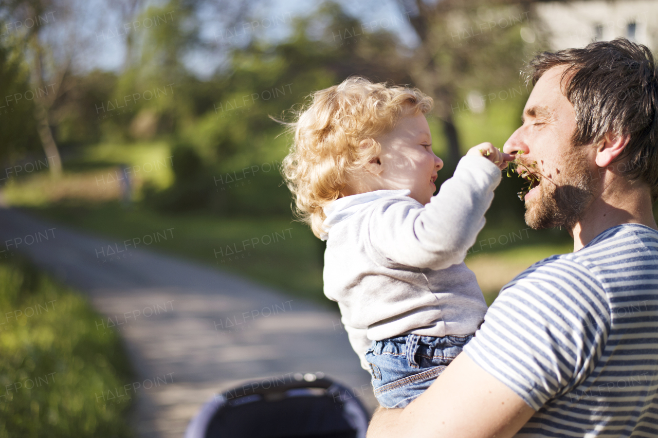 Young father outdoors in sunny summer park holding his cute little son in the arms, baby girl lying in stroller.