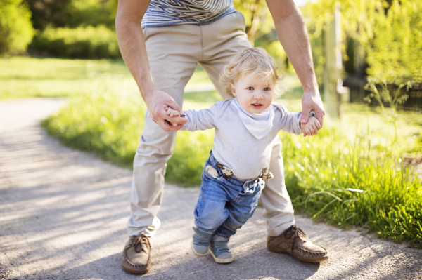 Unrecognizable father holding hands of his little son taking first steps outside in green sunny summer park.