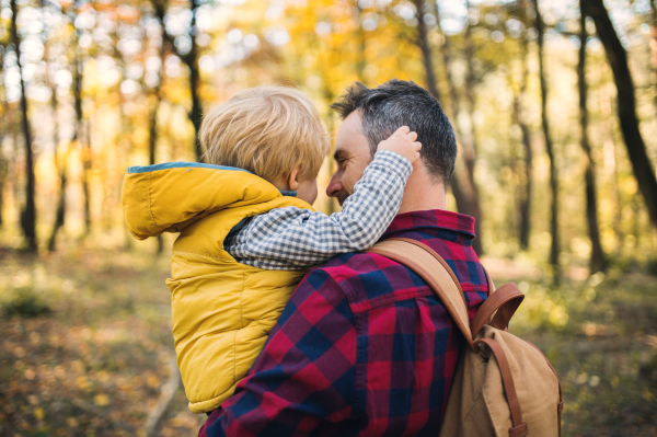 A mature father standing and holding a toddler son in an autumn forest, talking.