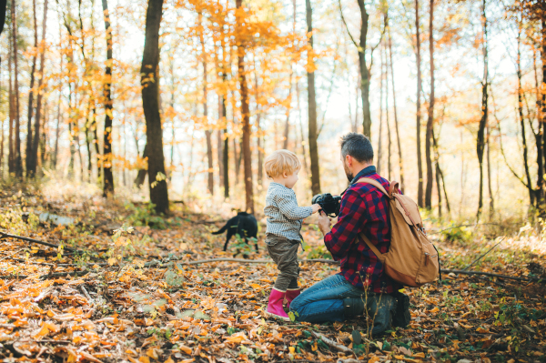 A mature father and a toddler son in an autumn forest, taking pictures with a digital camera.