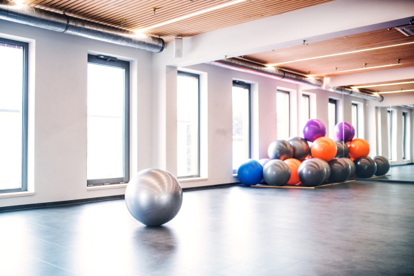 Young beautiful woman doing exercise with a fitball in a gym.