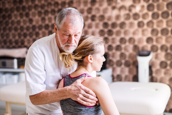 Senior physiotherapist working with a young female patient.