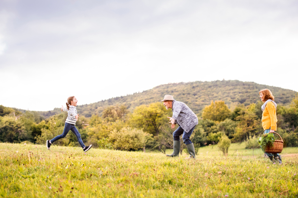 Senior couple with grandaughter in nature. Small girl running into grandfathers arms.