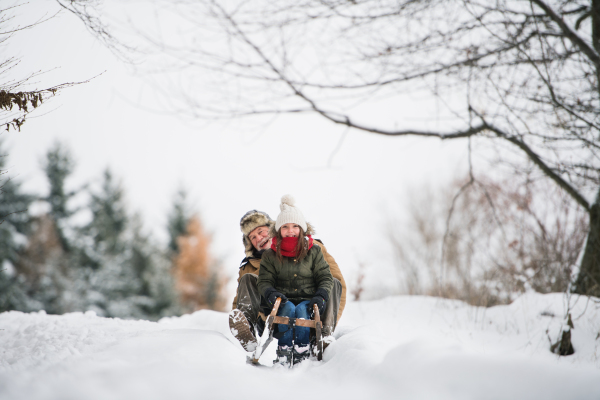 Senior grandfather and a small girl sledging on a winter day.